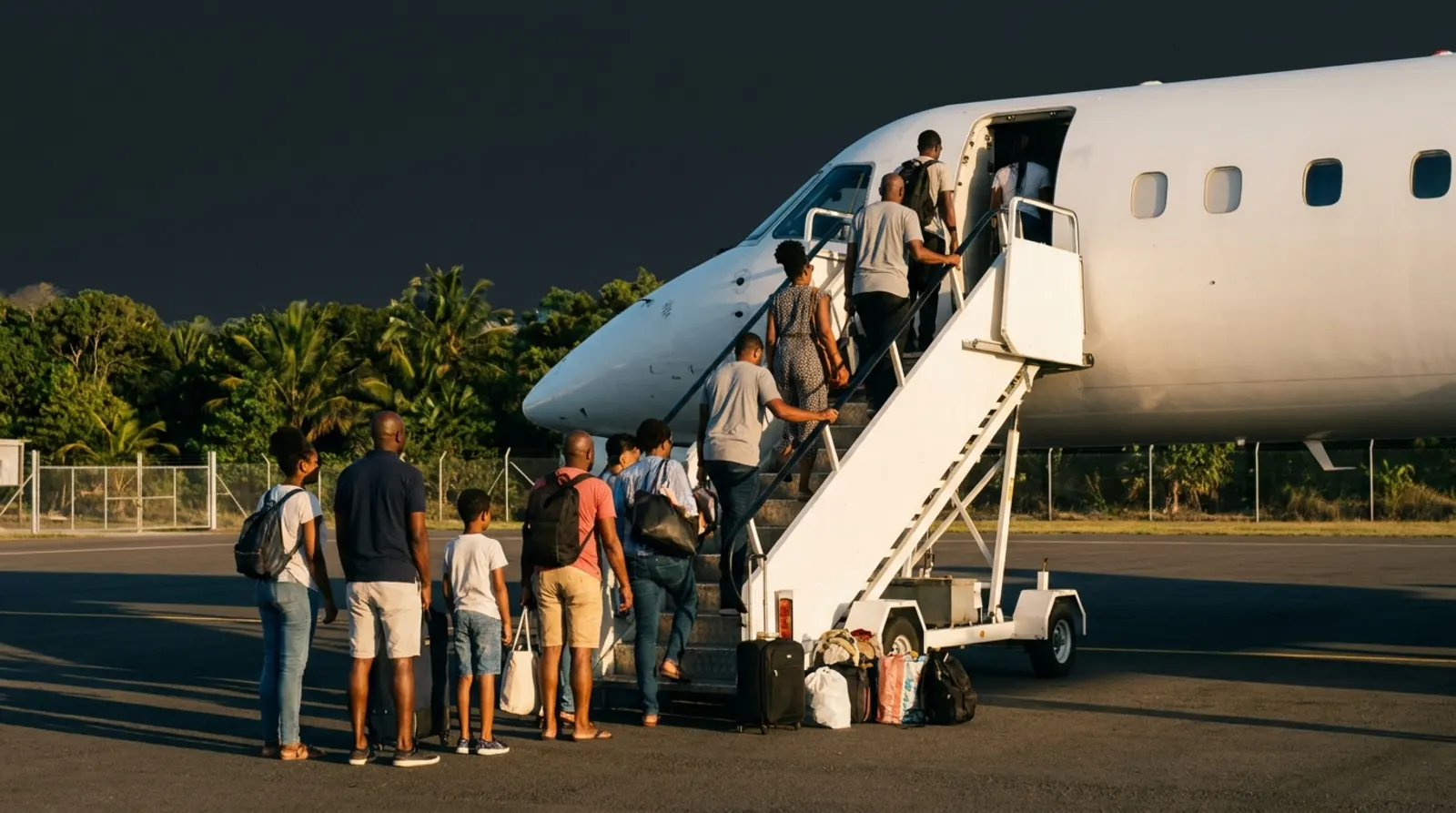 Familles montant au sol par une passerelle mobile dans un jet régional à la livrée blanche non marquée, en fin d'après-midi, sur un tarmac bordé de forêt tropicale.