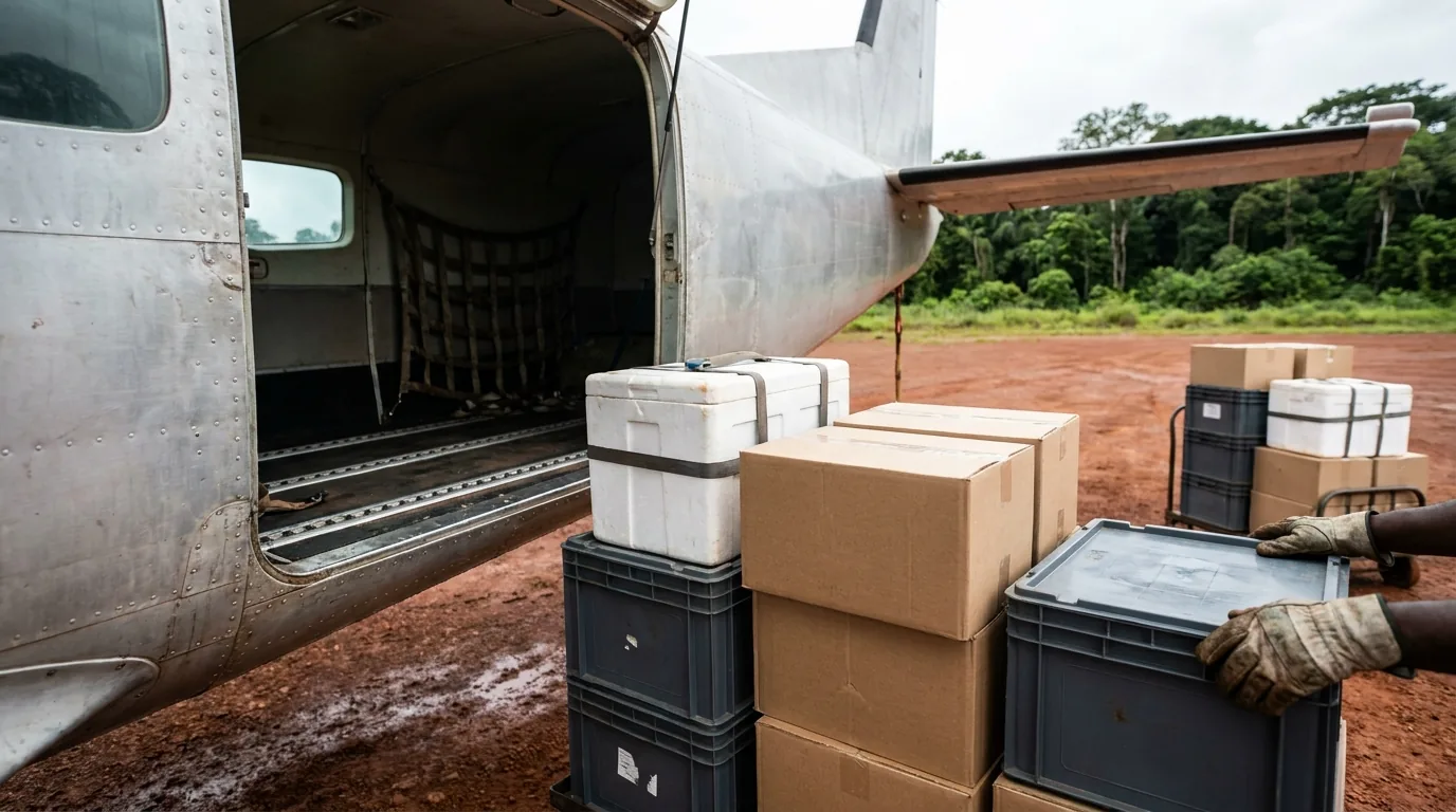 Porte cargo ouverte d'un turbopropulseur, rails d'arrimage visibles, caisses et glacière médicale sanglée sur une piste en latérite.