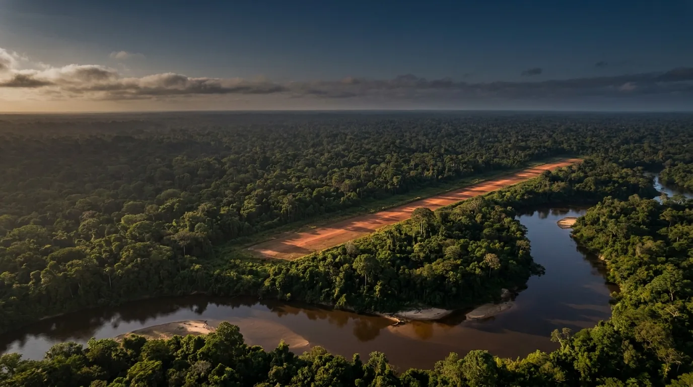 Vue aérienne au crépuscule d'une piste en latérite taillée dans la forêt amazonienne, en bordure d'un fleuve, en Guyane française.