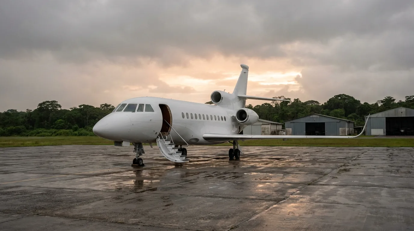 Petit biréacteur d'affaires non marqué stationné sur une aire de trafic sous ciel tropical couvert, passerelle sortie, sans personne à bord.