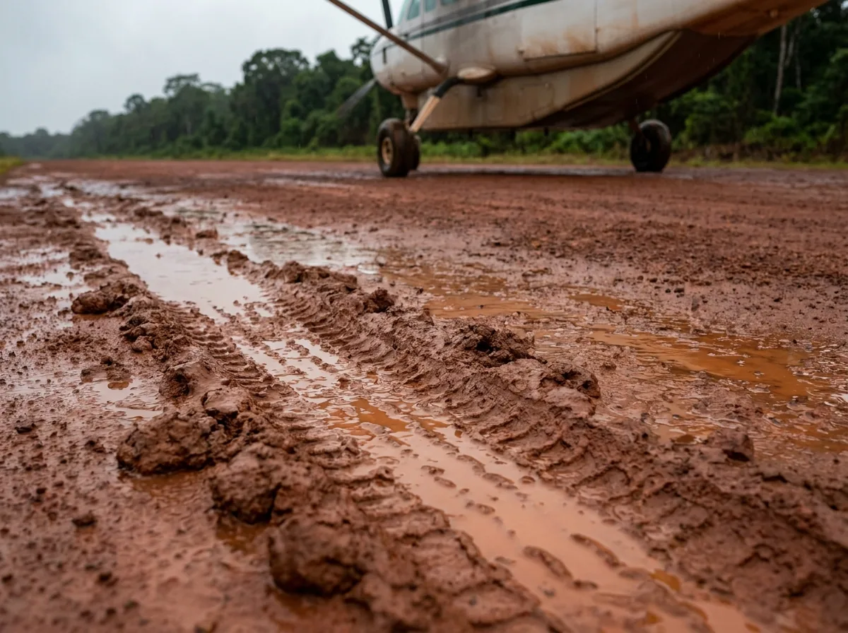Ornières profondes remplies d'eau ocre sur une piste en latérite gorgée d'eau après la pluie, train d'atterrissage d'un avion léger visible en arrière-plan.