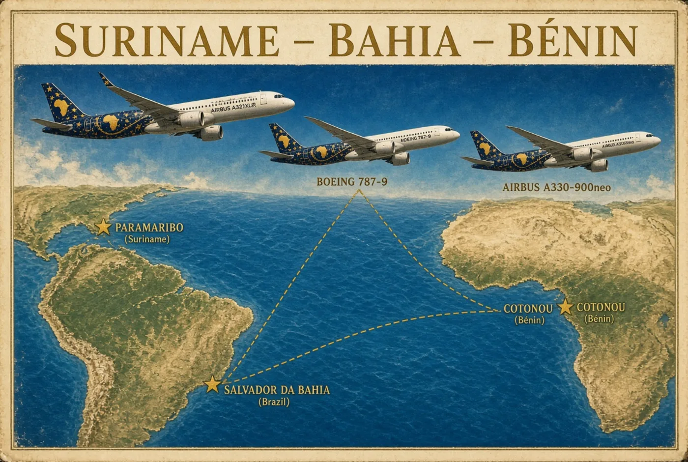 Illustration de concept représentant le triangle aérien entre Paramaribo, Salvador da Bahia et Cotonou, avec trois types d'appareils long-courriers.