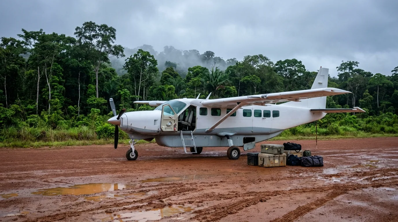 Turbopropulseur non marqué stationné porte ouverte sur une piste en latérite, en lisière de forêt amazonienne.